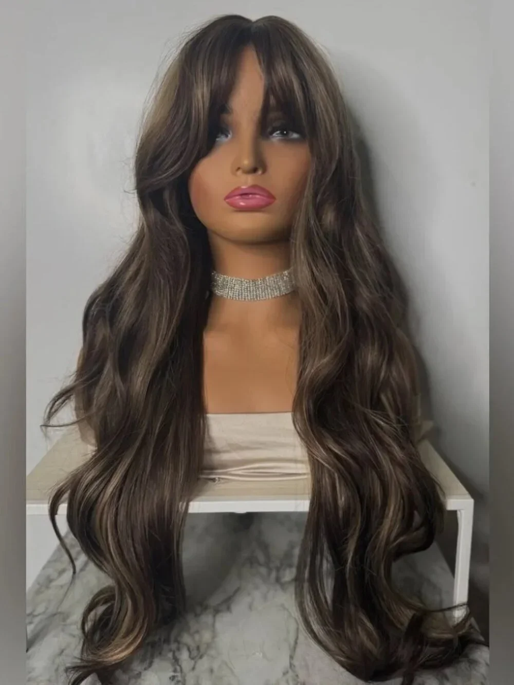 Long Brown Balayage Wig Curtain Bangs 26” Wavy Brown Highlighted Caramel Blonde
